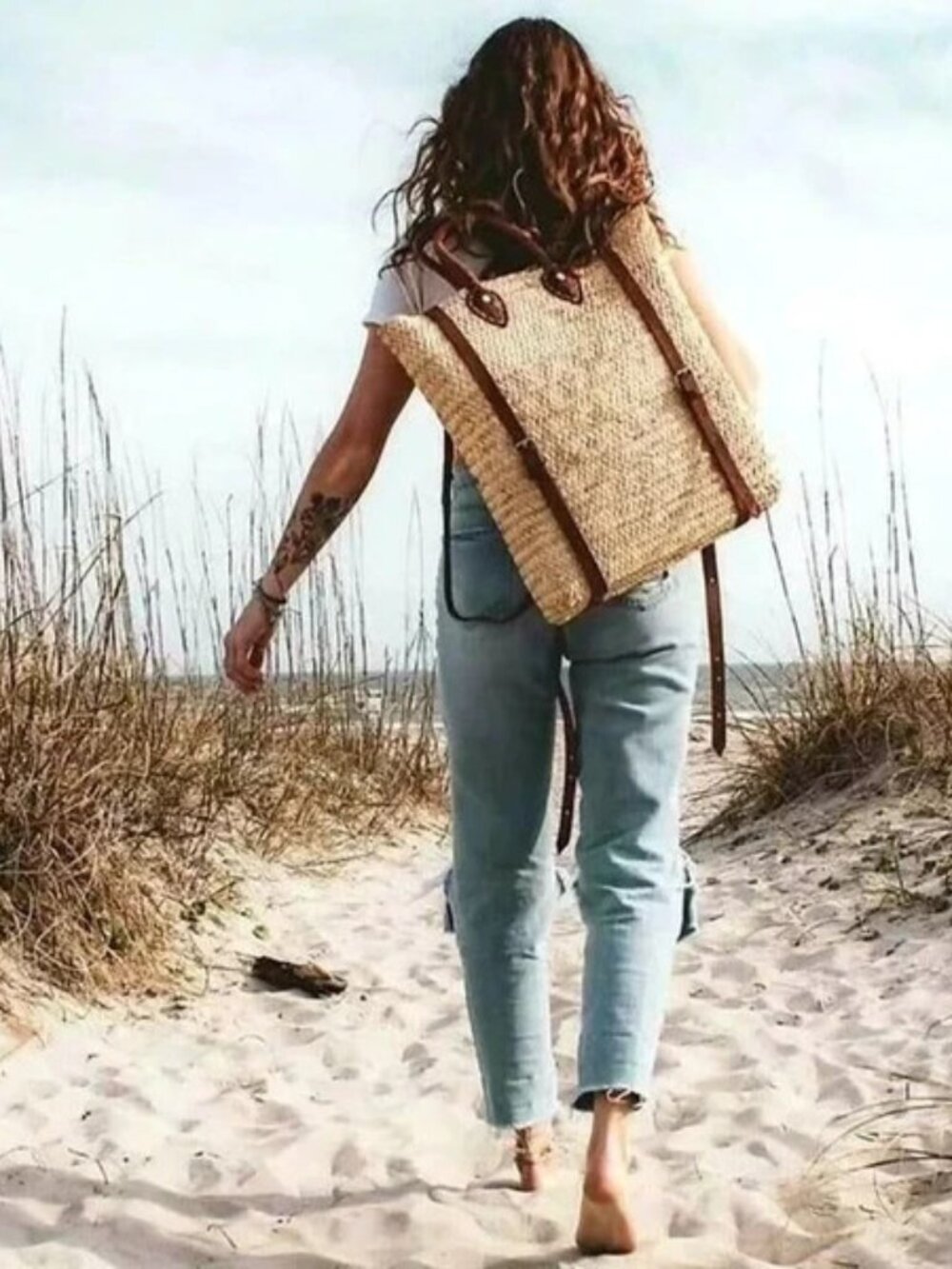 HAMPTONS Straw & Genuine Leather Backpack